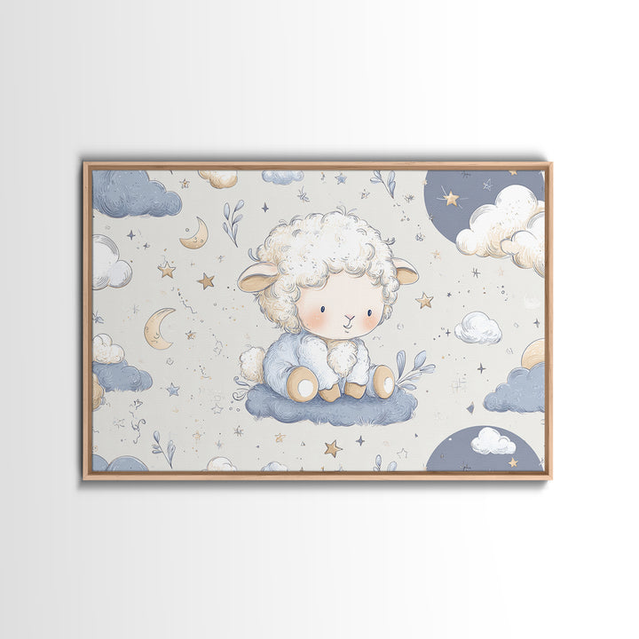 Little Lamb under a Starry Sky Framed Canvas Print, Nursery Art, Kids Wall Art, Nursery Decor, Watercolor Art, Nursery, NUR-3x2-71