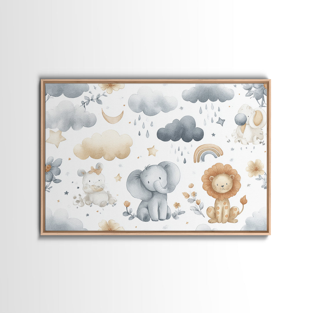 Clouds and Raindrops Framed Canvas Print, Nursery Art, Girl Nursery Decor, Nursery Decor, Oil Painting, Nursery, Kids Room Art, NUR-3x2-74
