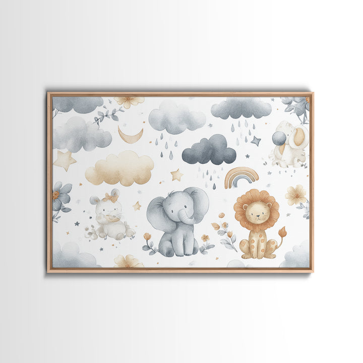 Clouds and Raindrops Framed Canvas Print, Nursery Art, Girl Nursery Decor, Nursery Decor, Oil Painting, Nursery, Kids Room Art, NUR-3x2-74