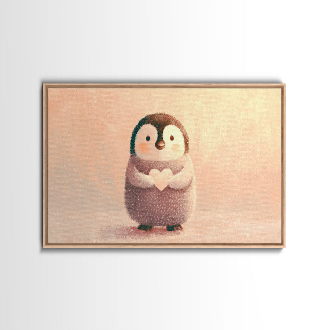 Penguin Holding a Little Heart Shape Framed Canvas Print, Nursery Art, Kids Wall Art, Nursery Decor, Abstract Art, Nursery, NUR-3x2-86