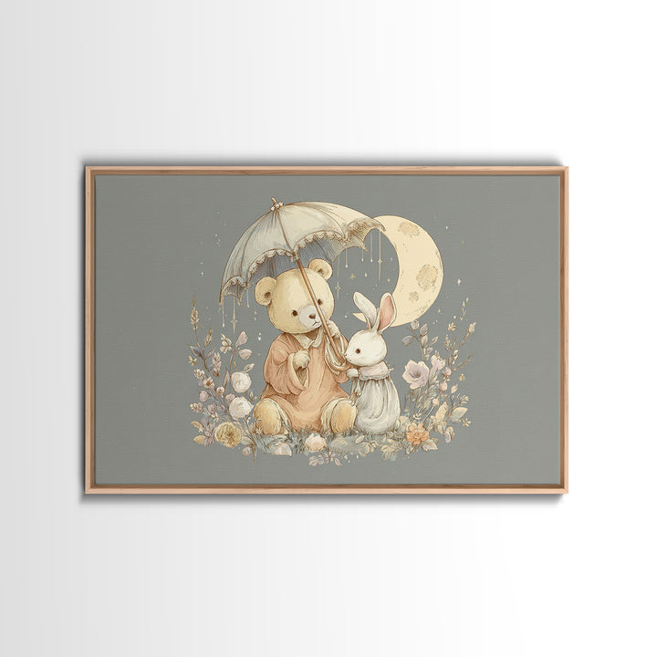 Bear and Rabbit Sharing Umbrella Canvas Print, Nursery Art, Woodland Nursery Art, Nursery Decor, Fine Art, Nursery, NUR-3x2-93