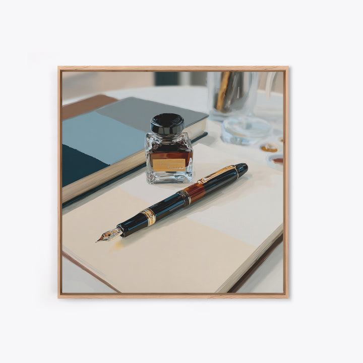 Fountain Pen and Notebook Still Life Without Canvas Print, Office Art, Ai Art, Office Decor, Oil Painting, Focus, OFF-1x1-22