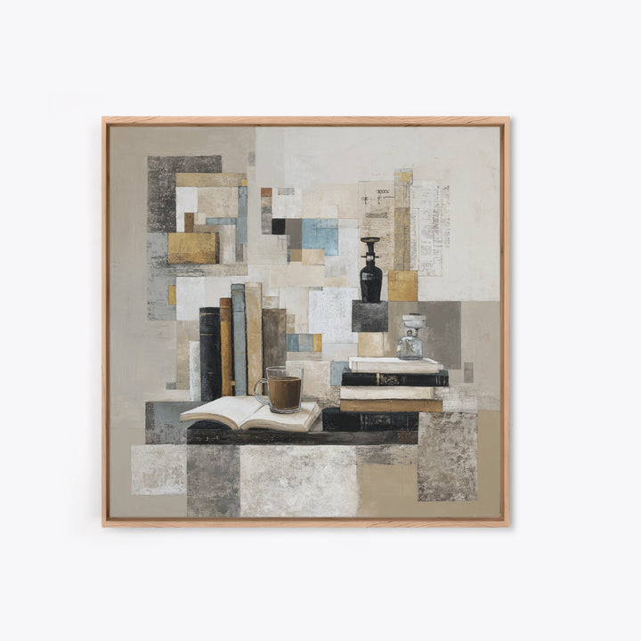 Books and Coffee Still Life Framed Canvas Print, Office Art, Statement Artwork, Office Decor, Abstract Art, Focus, Wall Decor, OFF-1x1-57