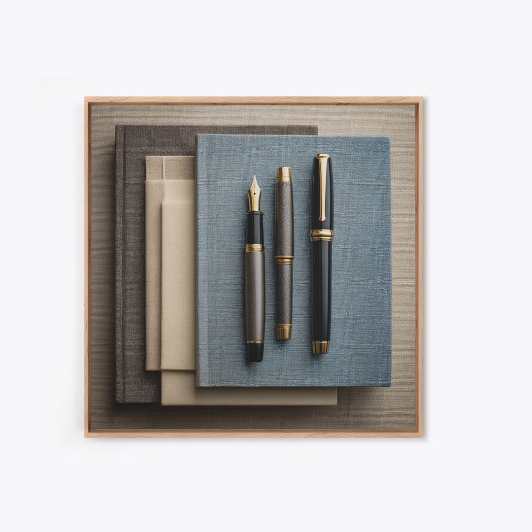 Fountain Pen and Notebook Still Life Without Framed Canvas Print, Office Art, Dopamine Decor, Office Decor, Fine Art, Focus, OFF-1x1-70