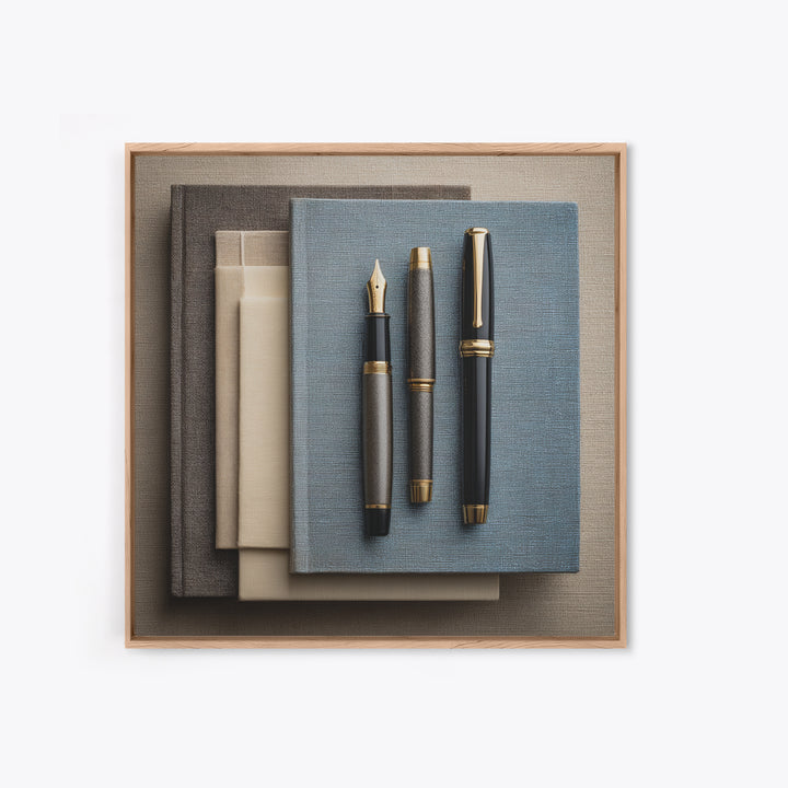 Fountain Pen and Notebook Still Life Without Framed Canvas Print, Office Art, Dopamine Decor, Office Decor, Fine Art, Focus, OFF-1x1-70
