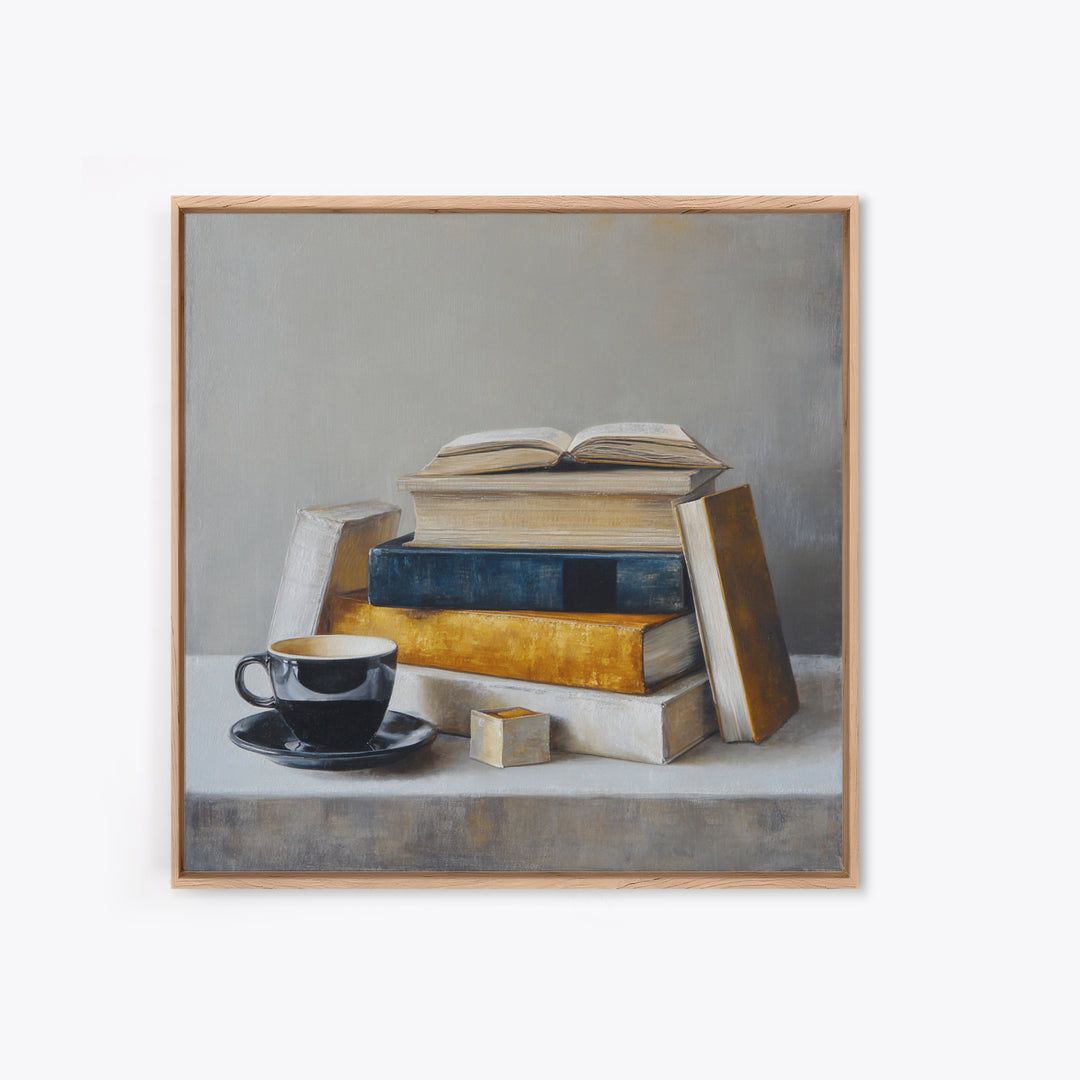 Books and Coffee Still Life Canvas Print, Office Art, Textured Painting, Office Decor, Focus, Printables, Digital Wall Art, OFF-1x1-81