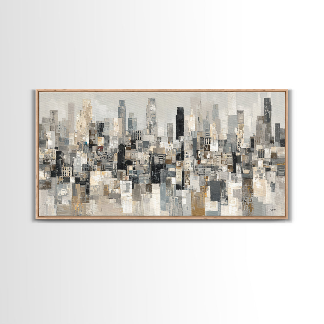 Black and White City Skyline Silhouette Framed Canvas Print, Office Art, Home Decor, Office Decor, Fine Art, Focus, Art Deco, OFF-2x1-1