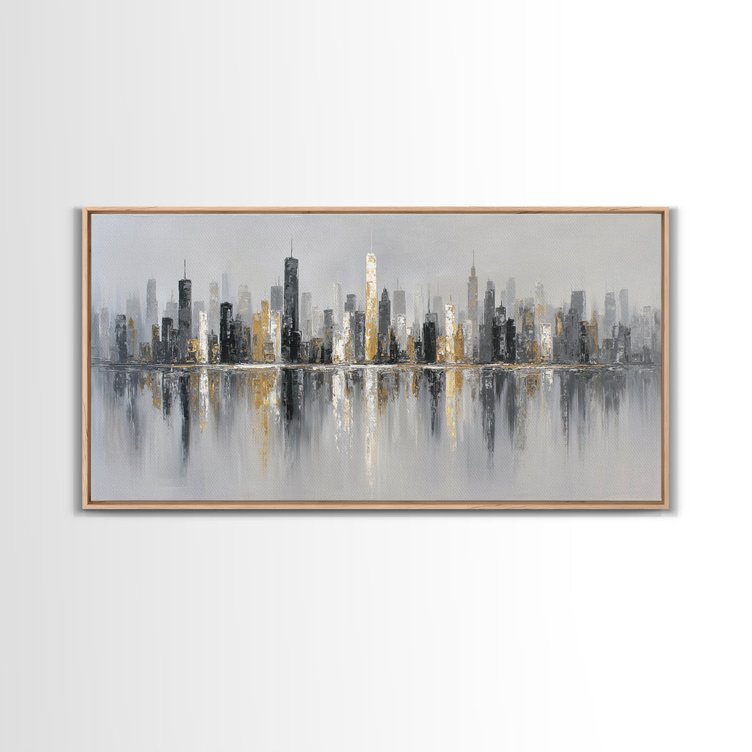 Black and White City Skyline Silhouette Framed Canvas Print, Office Art, Home Decor, Office Decor, Fine Art, Focus, Art Deco, OFF-2x1-25
