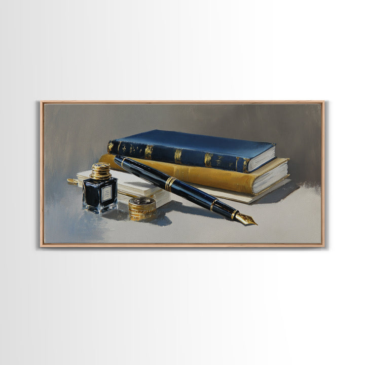 Fountain Pen and Notebook Still Life Without Framed Canvas Print, Office Art, Poster, Office Decor, Oil Painting, Focus, OFF-2x1-90