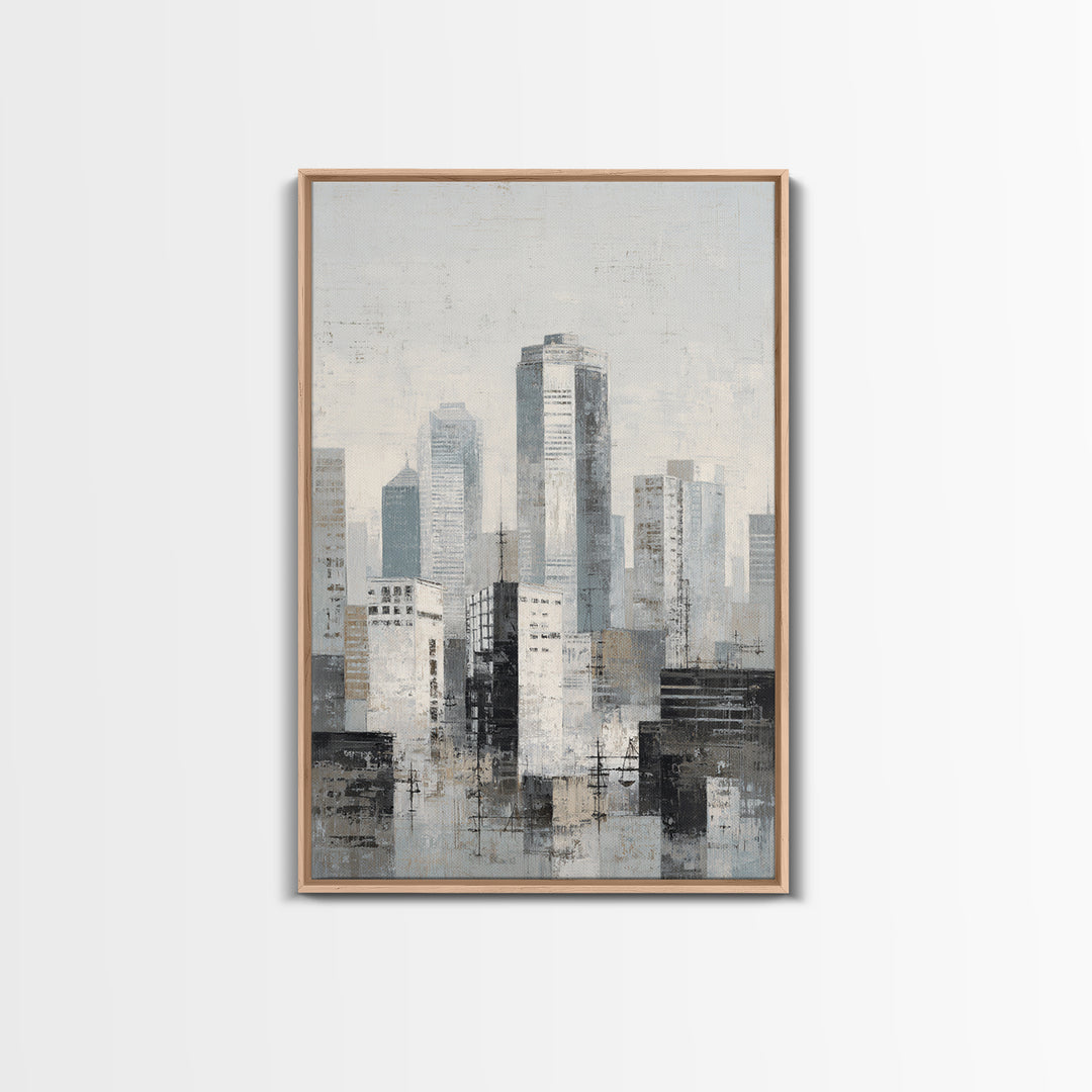Black and White City Skyline Silhouette Framed Canvas Print, Office Art, Wall Decor, Office Decor, Abstract Art, Focus, OFF-2x3-37