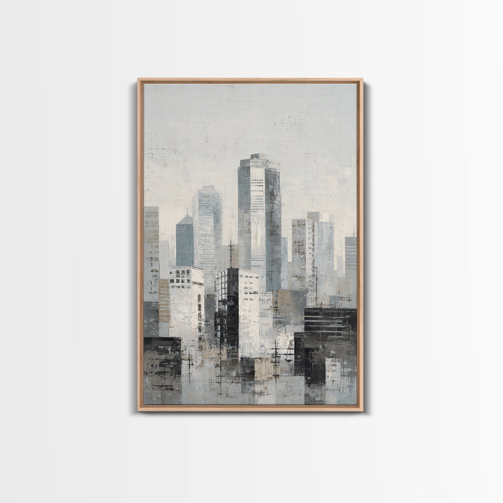 Black and White City Skyline Silhouette Framed Canvas Print, Office Art, Wall Decor, Office Decor, Abstract Art, Focus, OFF-2x3-37