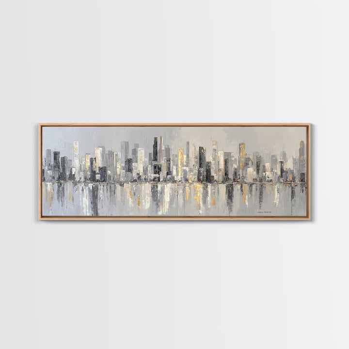 Black and White City Skyline Silhouette Framed Canvas Print, Office Art, Office Wall Art, Office Decor, Fine Art, Focus, OFF-3x1-69