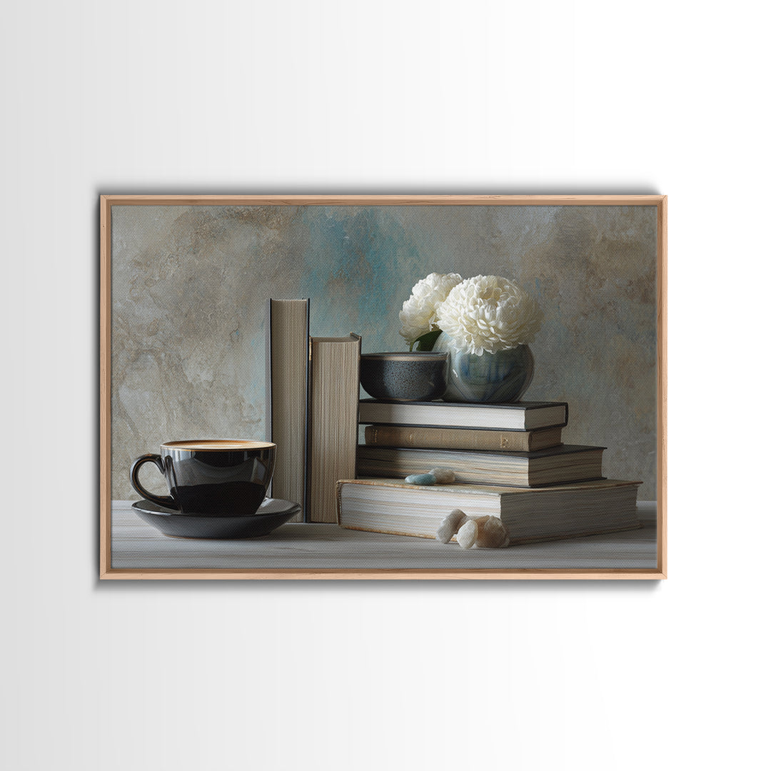 Books and Coffee Still Life Canvas Print, Office Art, Living Room Decor, Office Decor, Oil Painting, Focus, Fine Art Print, OFF-3x2-61