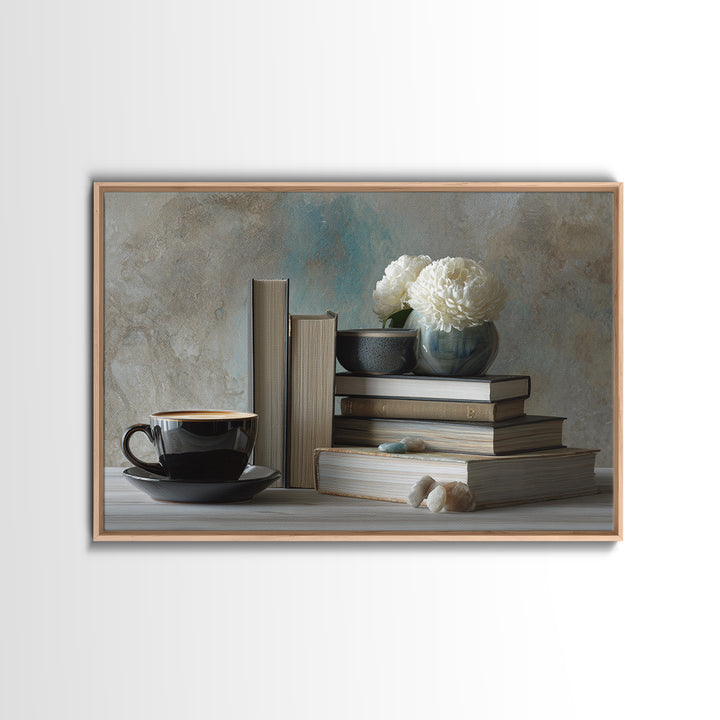 Books and Coffee Still Life Canvas Print, Office Art, Living Room Decor, Office Decor, Oil Painting, Focus, Fine Art Print, OFF-3x2-61