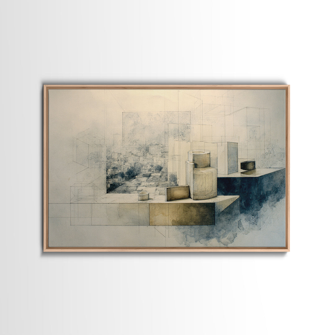 Architectural Line Drawing Framed Canvas Print, Office Art, Home Decor, Office Decor, Focus, Art Deco, Canvas Wall Art, OFF-3x2-7