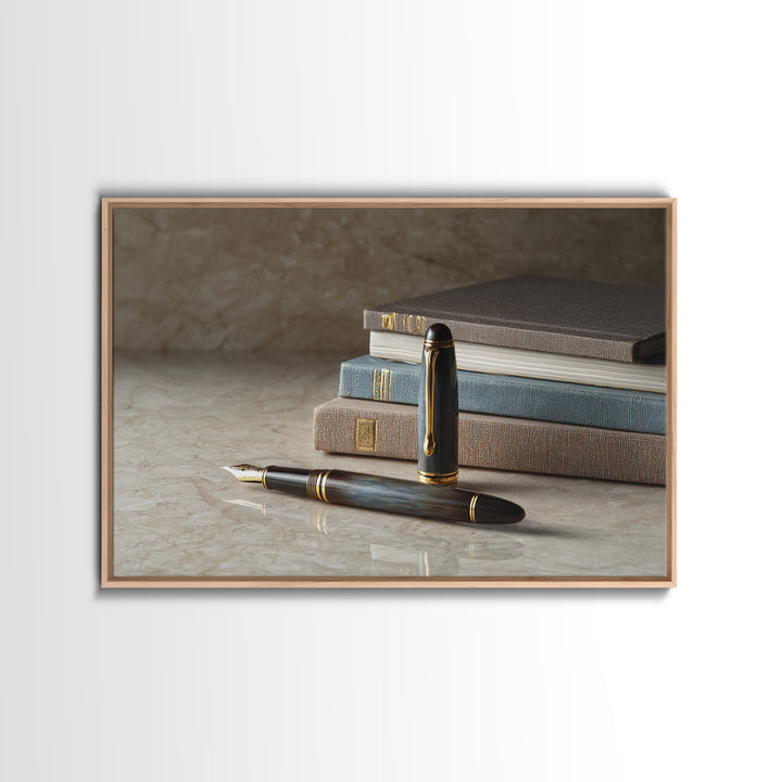 Fountain Pen and Notebook Still Life Without Framed Canvas Print, Office Art, Abstract Art, Office Decor, Oil Painting, Focus, OFF-3x2-74
