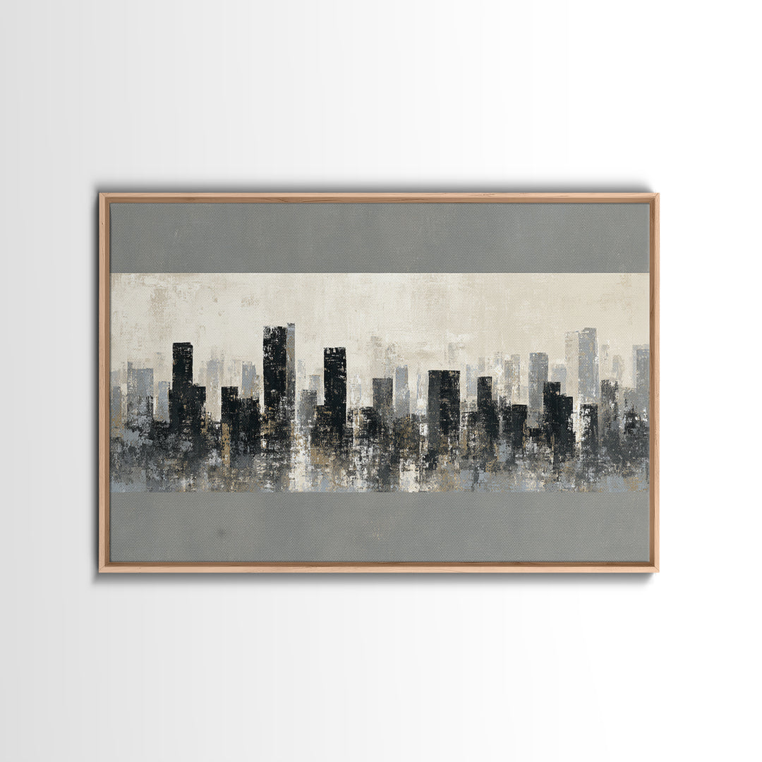 Black and White City Skyline Silhouette Framed Canvas Print, Office Art, Canvas Print, Office Decor, Abstract Art, Focus, OFF-3x2-81