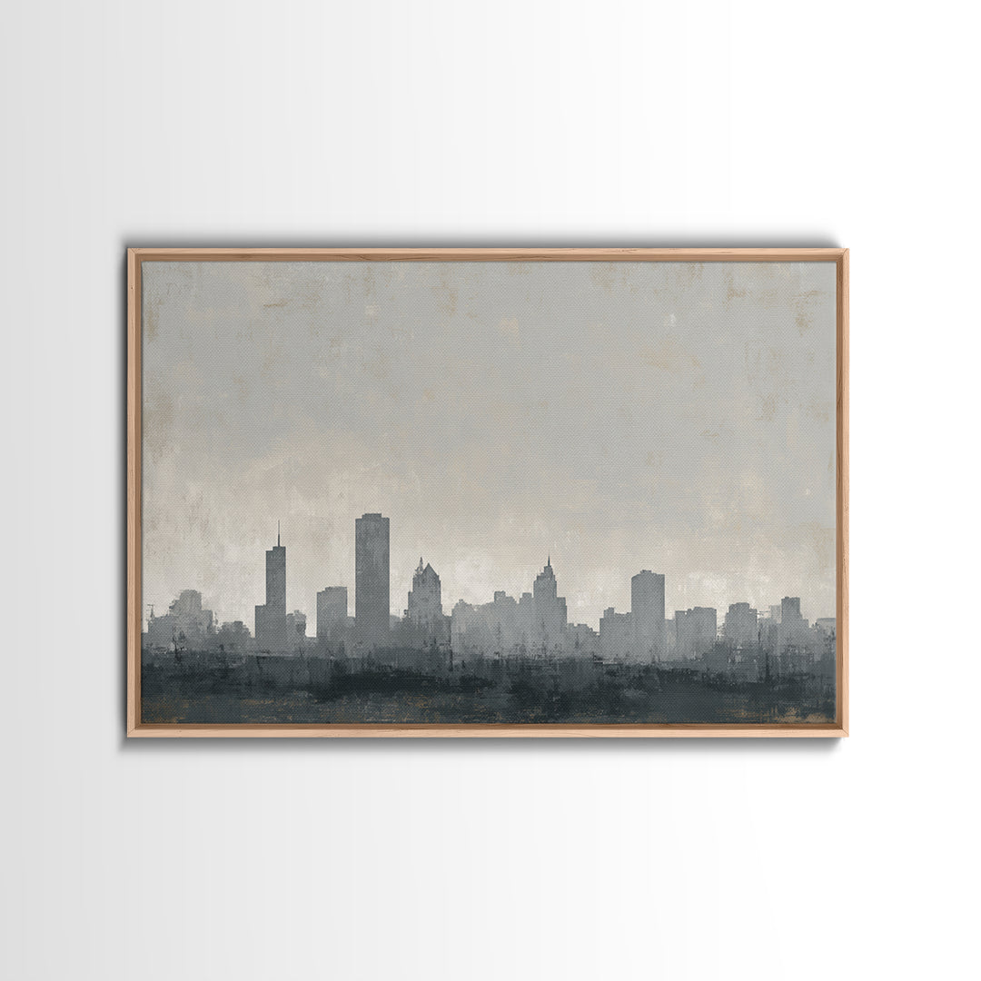 Black and White City Skyline Silhouette Framed Canvas Print, Office Art, Canvas Wall Art, Office Decor, Fine Art, Focus, OFF-3x2-9