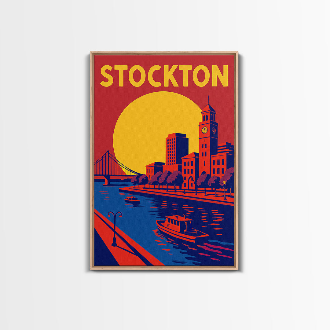 Stockton Travel Poster, Framed Canvas Print, Vibrant Retro Travel Art, Stockton City Art, Vintage City Art, Fine Art Print, Vintage Print