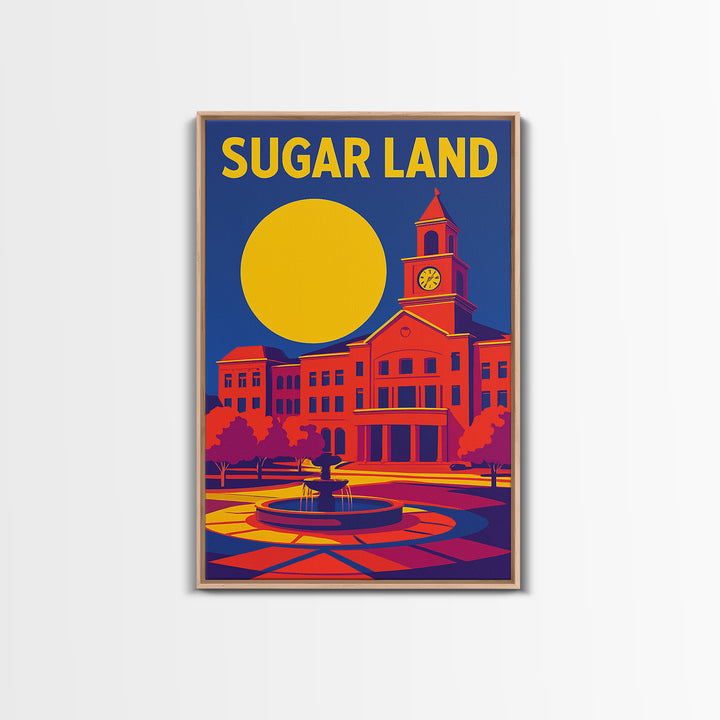 Sugar Land Texas Travel Poster, Framed Canvas Print, Vibrant Retro Travel Art, Sugar Land Art Print, City Art Print, Vintage City Poster