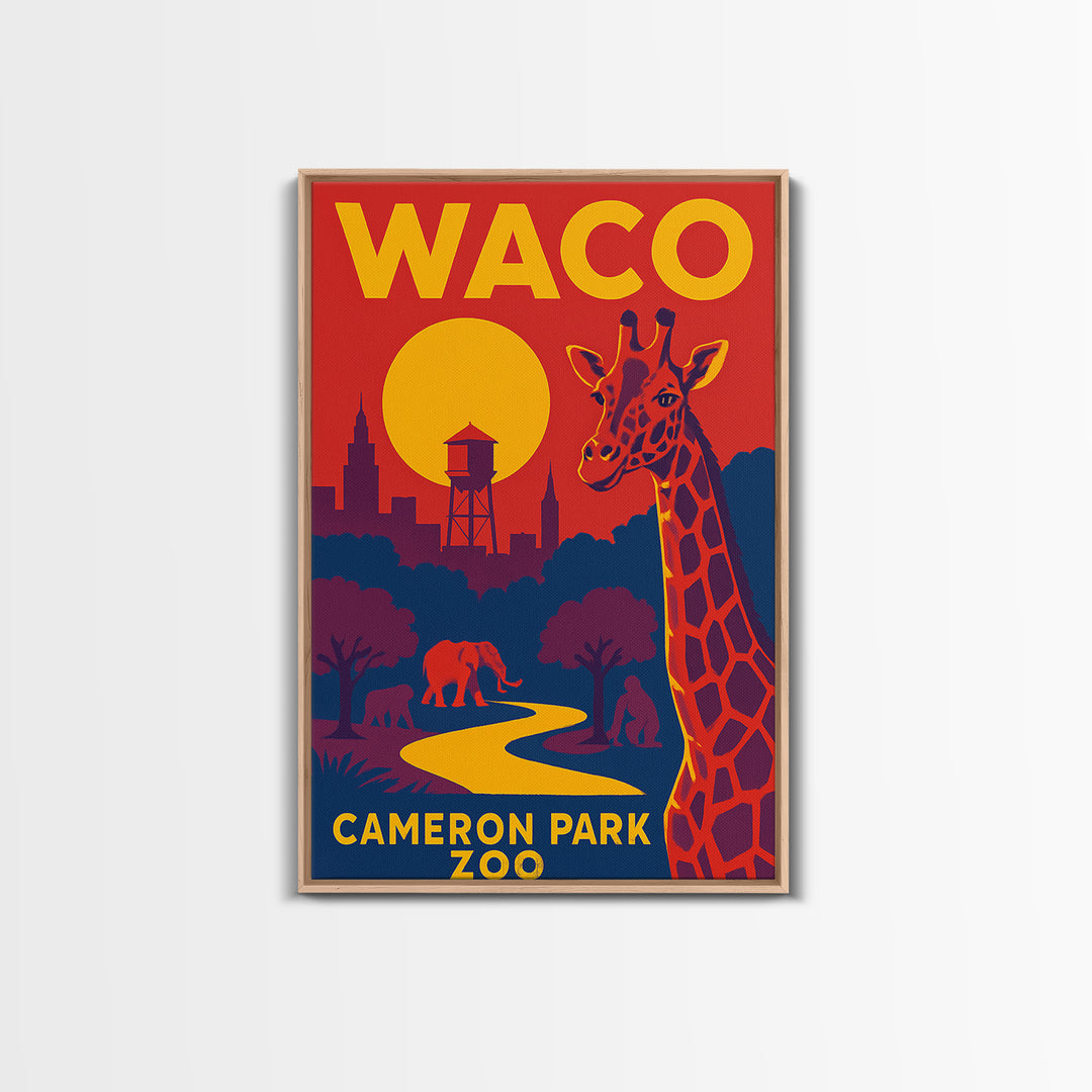 Waco Travel Poster, Framed Canvas Print, Bold Pop Art Poster, Waco Wall Art, Mid Century Wall Art, Retro Travel Print, City Art Print