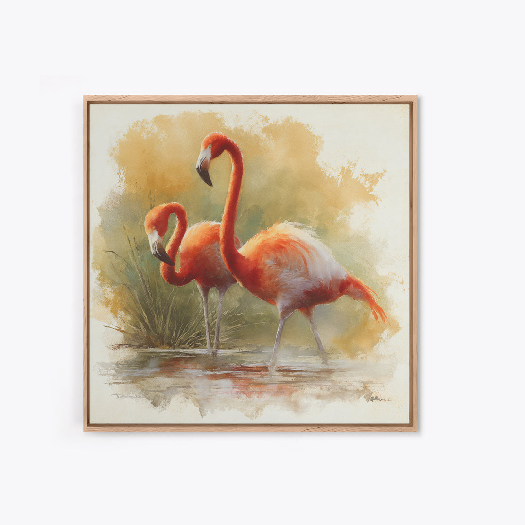 Flamingo Pair Beside Shallow Water Canvas Print, Patio Art, Beach House Decor, Patio Decor, Fine Art, Outdoor, Modern Decor, PAT-1x1-10