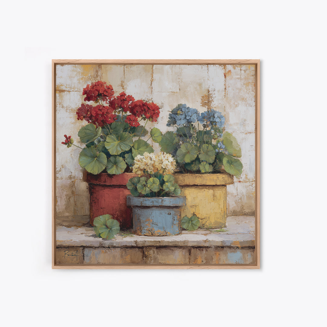 Potted Geraniums in Rustic Clay Pots Canvas Print, Patio Art, Porch Decor, Patio Decor, Fine Art, Outdoor, Fine Art Print, PAT-1x1-14