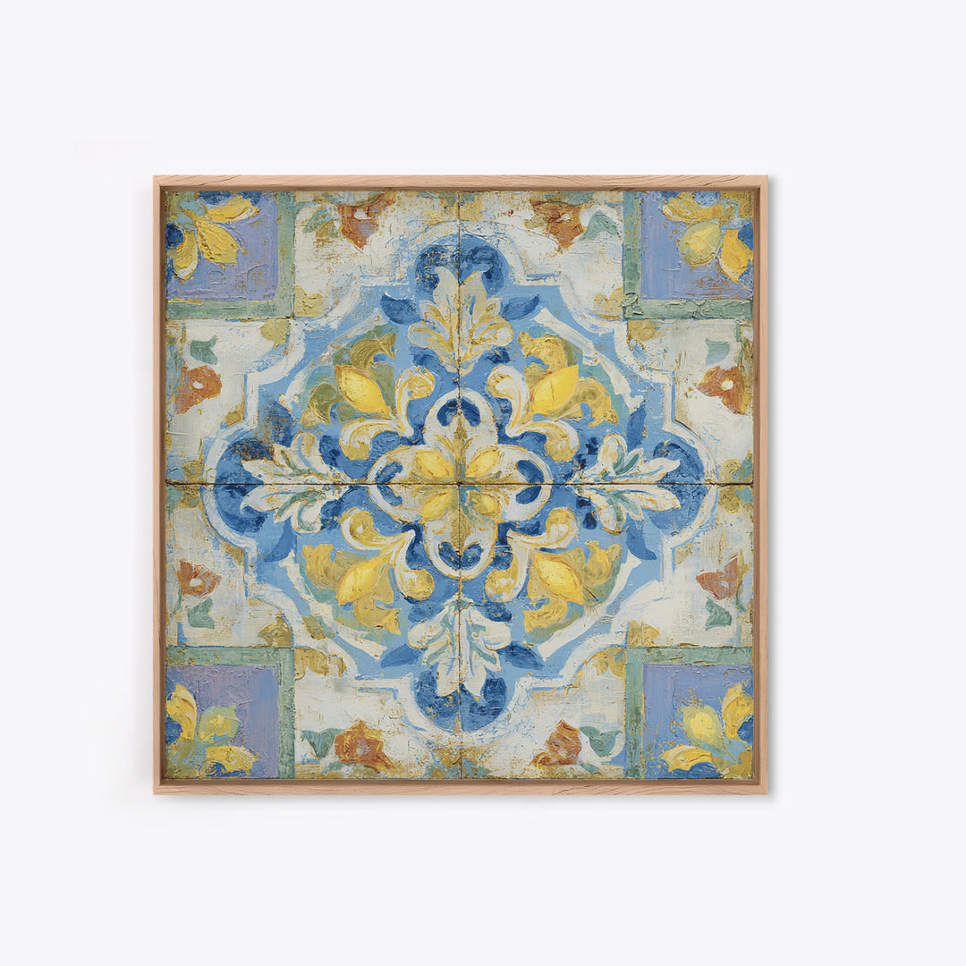 Mediterranean Lemons and Blue Tile Pattern Framed Canvas Print, Patio Art, Patio Decor, Fine Art, Outdoor, Gallery Decor, PAT-1x1-2
