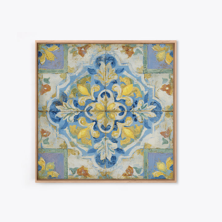 Mediterranean Lemons and Blue Tile Pattern Framed Canvas Print, Patio Art, Patio Decor, Fine Art, Outdoor, Gallery Decor, PAT-1x1-2