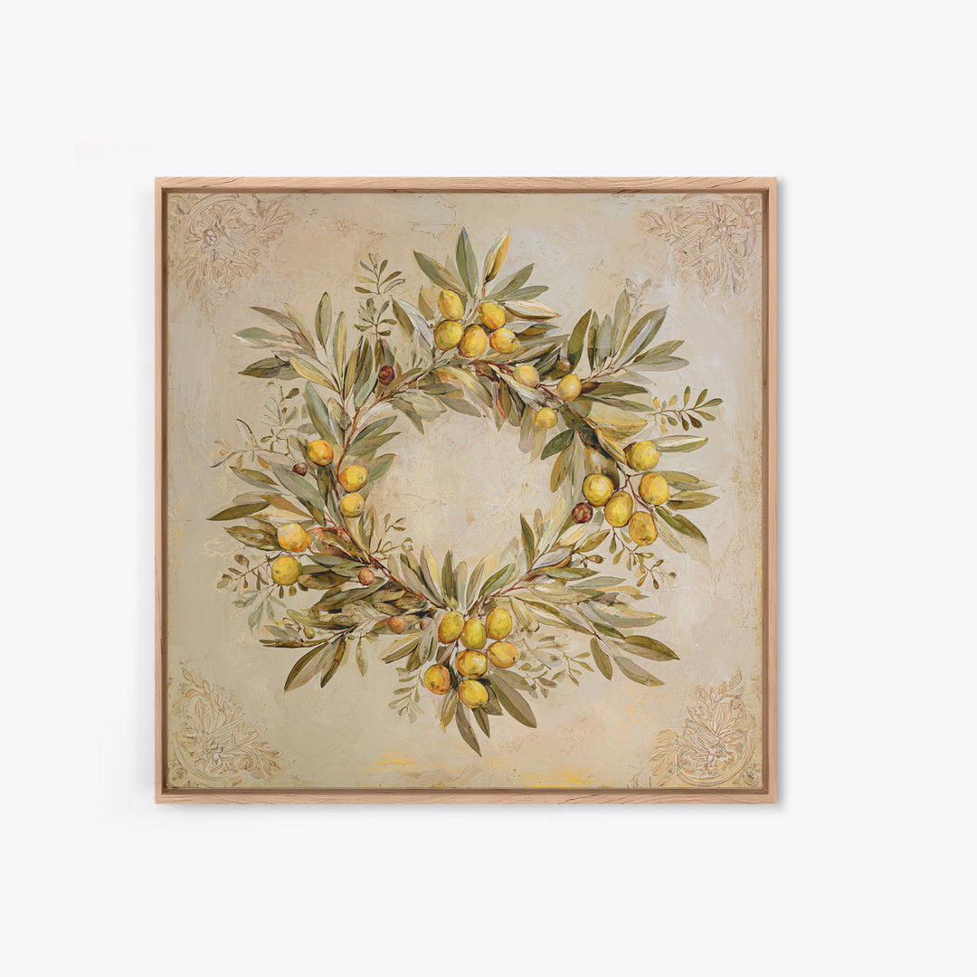 Olive Branch Wreath on Warm Plaster Framed Canvas Print, Patio Art, Statement Artwork, Patio Decor, Fine Art, Outdoor, PAT-1x1-33