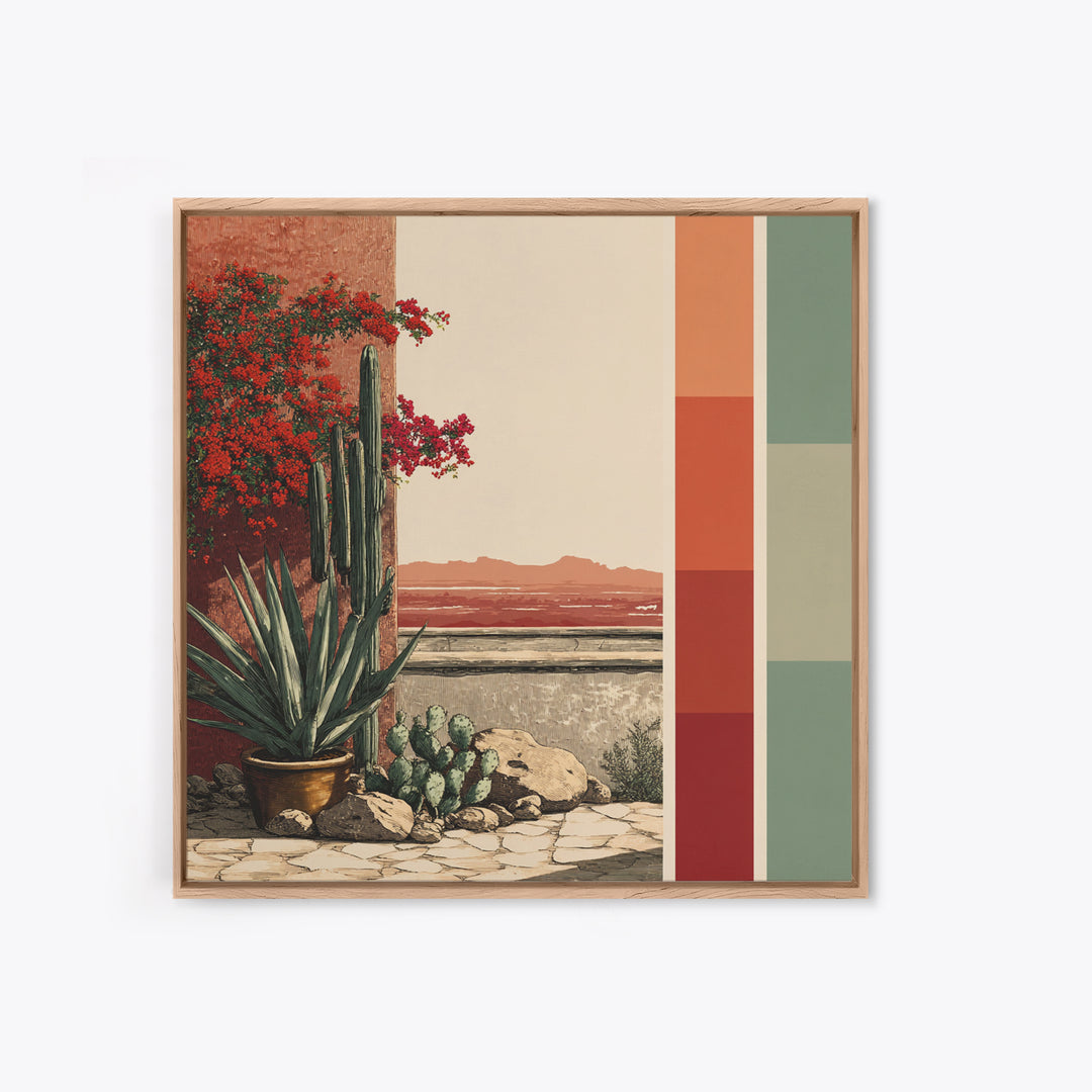 Desert Patio Agave and Bougainvillea Framed Canvas Print, Patio Art, Gallery Decor, Patio Decor, Oil Painting, Outdoor, PAT-1x1-41
