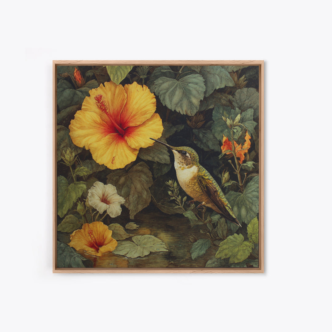 Hummingbird Visiting Bright Hibiscus Framed Canvas Print, Patio Art, Family Wall Art, Patio Decor, Oil Painting, Outdoor, PAT-1x1-51