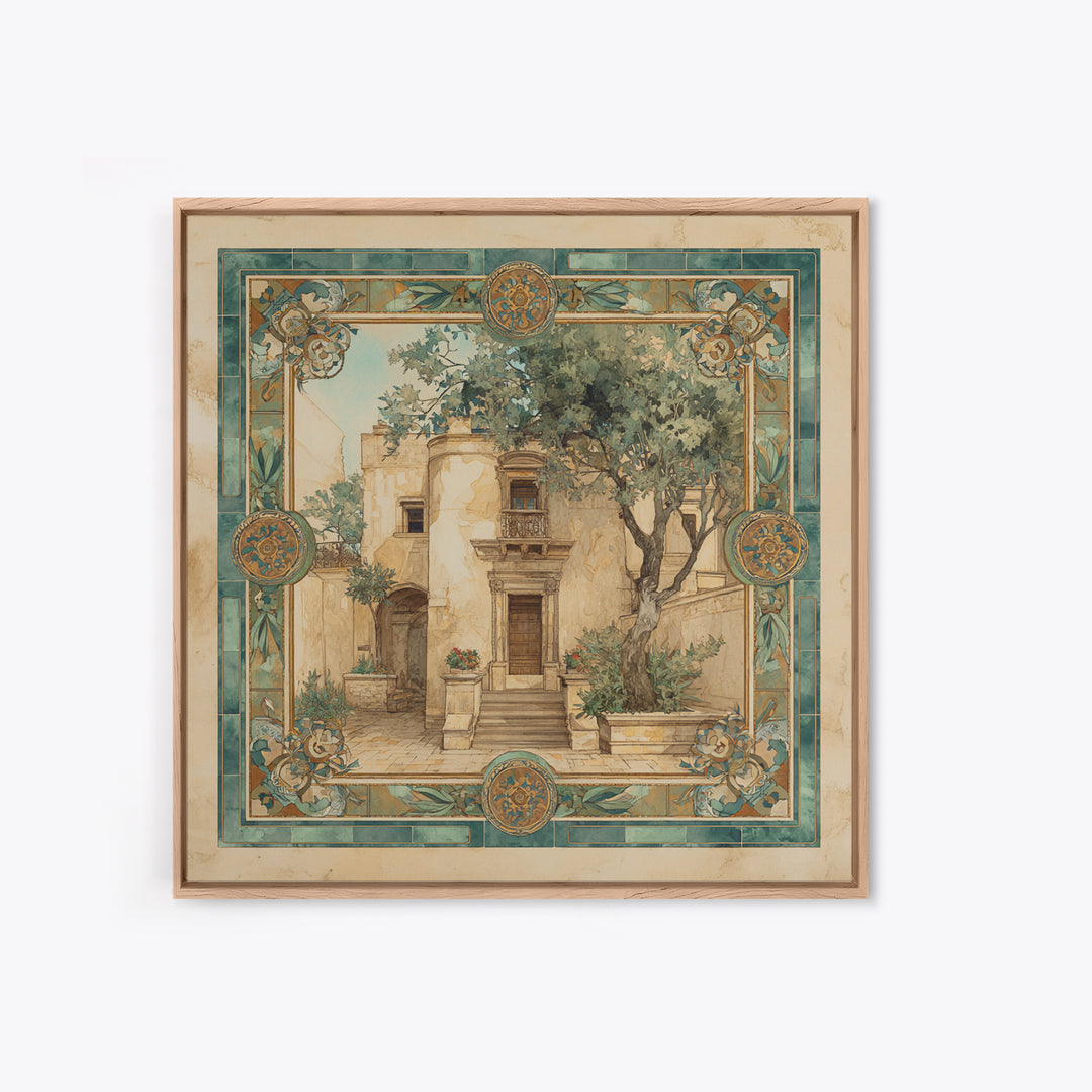 Olive Branch Wreath on Warm Plaster Framed Canvas Print, Patio Art, Statement Artwork, Patio Decor, Fine Art, Outdoor, PAT-1x1-57