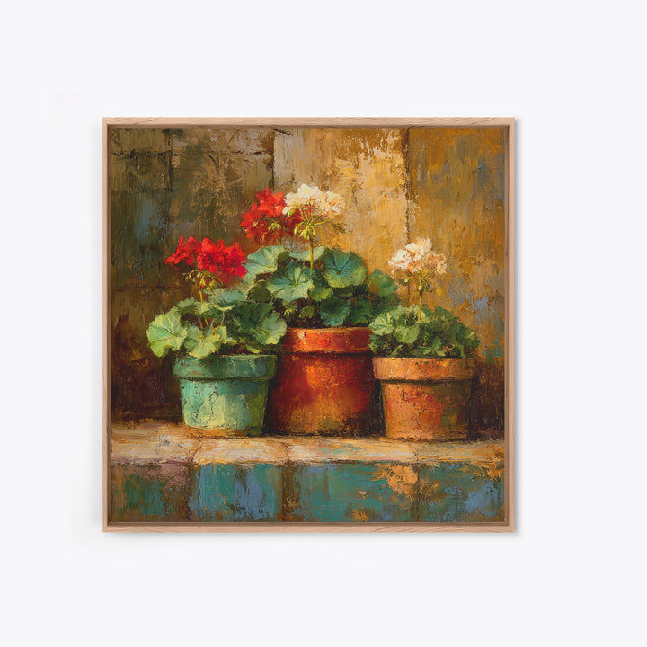 Potted Geraniums in Rustic Clay Pots Framed Canvas Print, Patio Art, Family Wall Art, Patio Decor, Fine Art, Outdoor, PAT-1x1-62