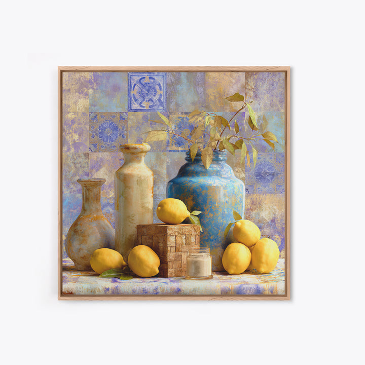 Mediterranean Lemons and Blue Tile Pattern Framed Canvas Print, Patio Art, Patio, Patio Decor, Outdoor, Minimalist Decor, PAT-1x1-74