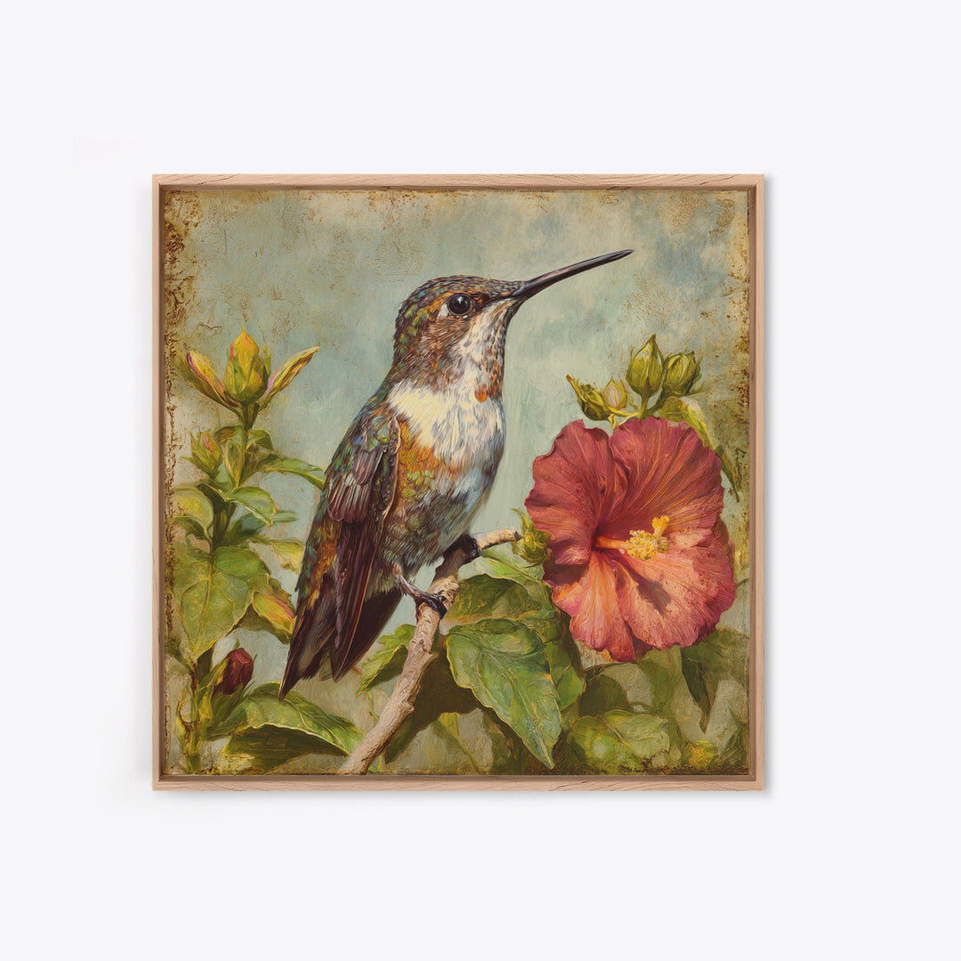 Hummingbird Visiting Bright Hibiscus Canvas Print, Patio Art, Modern Decor, Patio Decor, Fine Art, Outdoor, Home Decor, PAT-1x1-75