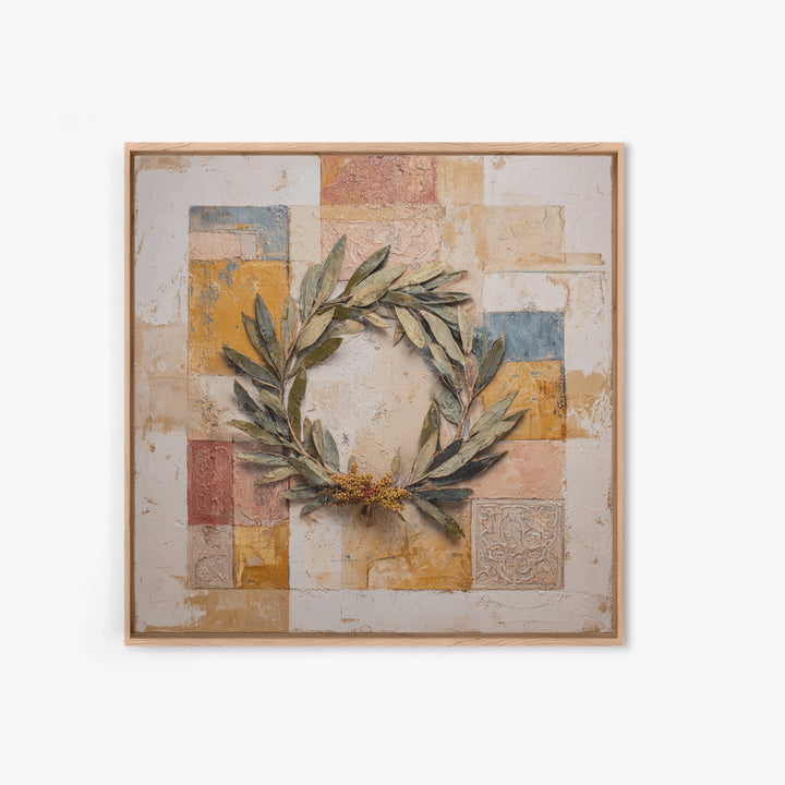 Olive Branch Wreath on Warm Plaster Canvas Print, Patio Art, Patio Decor, Oil Painting, Outdoor, Outdoor Wall Art, PAT-1x1-81