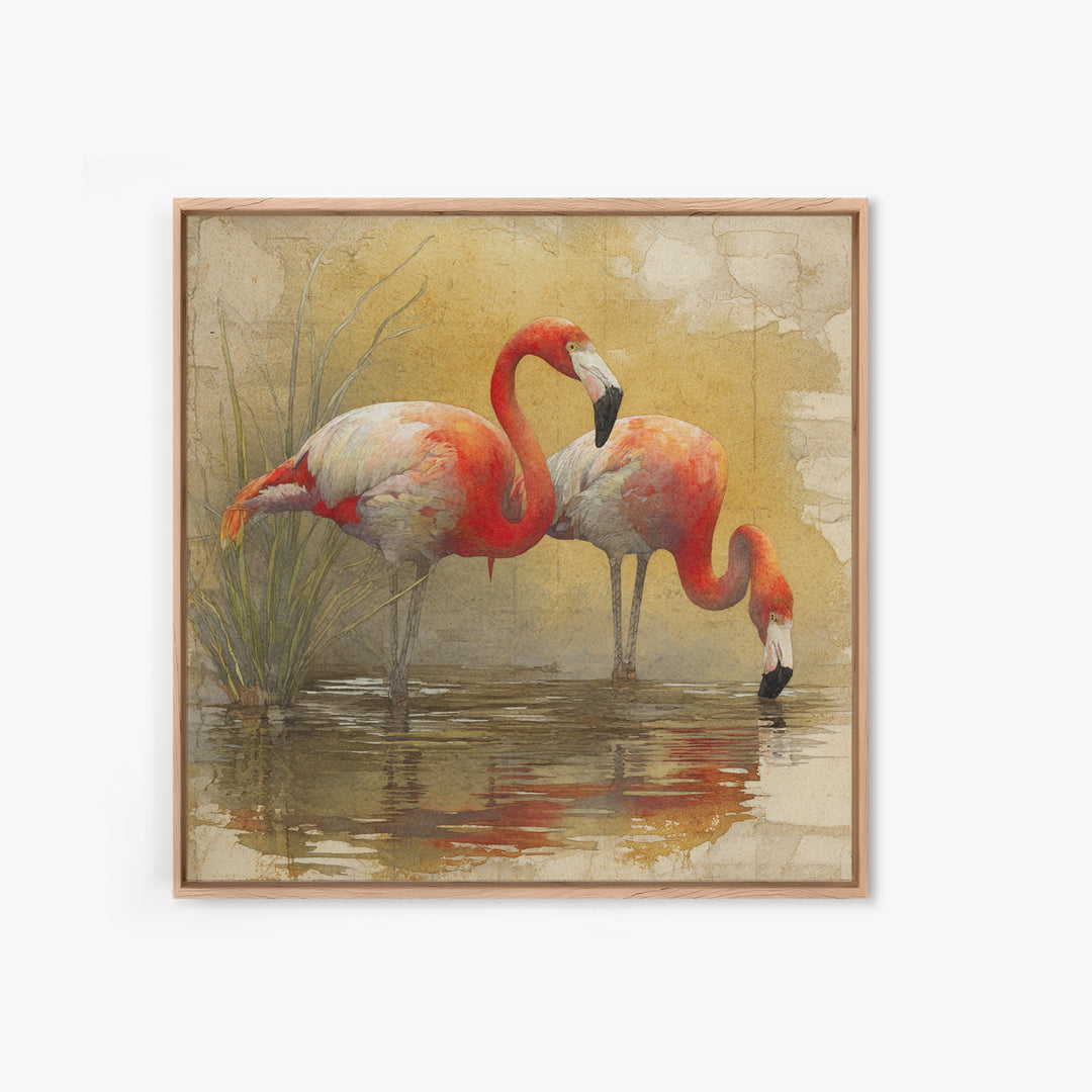 Flamingo Pair Beside Shallow Water Canvas Print, Patio Art, Neutral Decor, Patio Decor, Oil Painting, Outdoor, Wall Art, PAT-1x1-82