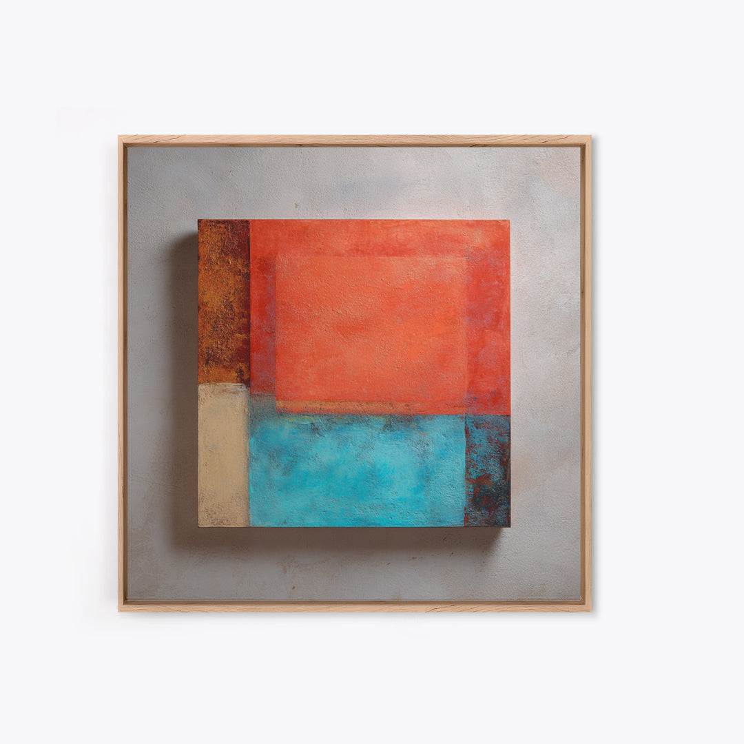 Bright Coral and Turquoise Abstract for Outdoors Framed Canvas Print, Patio Art, Mixed Media Art, Patio Decor, Outdoor, PAT-1x1-84