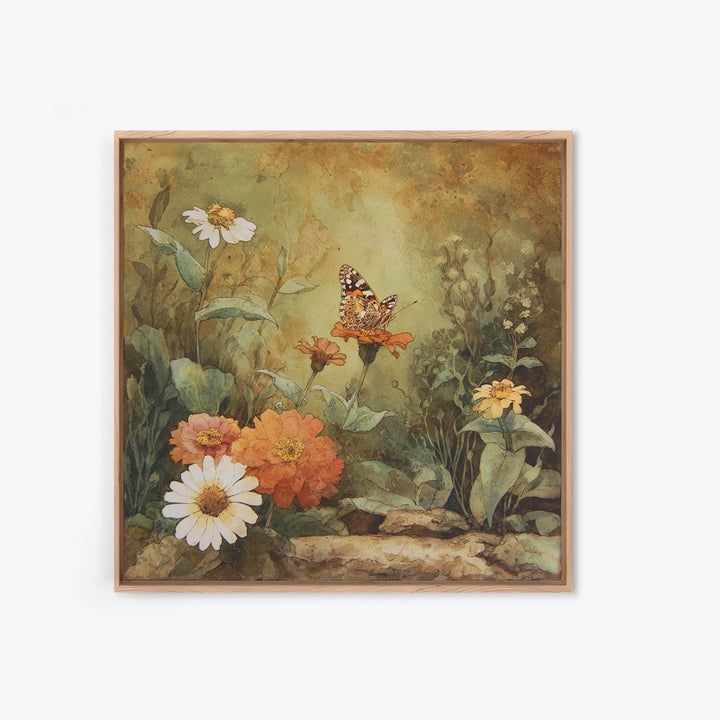 Butterfly Garden with Zinnias and Daisies Canvas Print, Patio Art, Boho Decor, Patio Decor, Oil Painting, Outdoor, PAT-1x1-85
