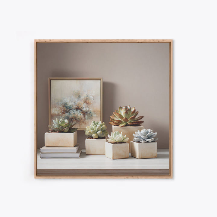 Succulent Collection in Ceramic Planters Framed Canvas Print, Patio Art, Luxury Decor, Patio Decor, Oil Painting, Outdoor, PAT-1x1-93