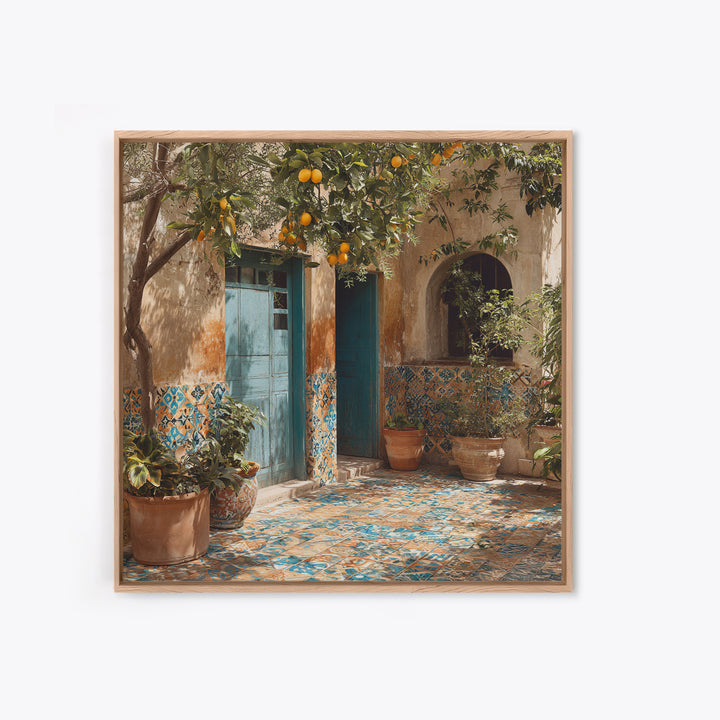 Mediterranean Lemons and Blue Tile Pattern Canvas Print, Patio Art, Boho Decor, Patio Decor, Fine Art, Outdoor, Outdoor Decor, PAT-1x1-98