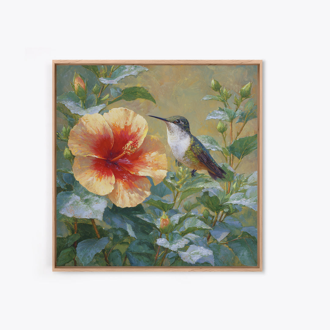 Hummingbird Visiting Bright Hibiscus Canvas Print, Patio Art, Wall Art, Patio Decor, Fine Art, Outdoor, Outdoor Wall Decor, PAT-1x1-99