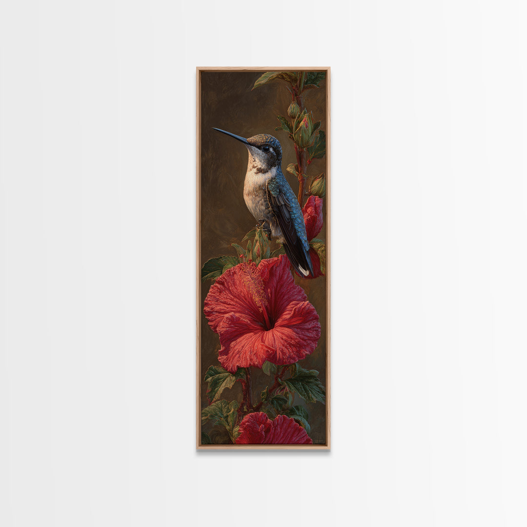 Hummingbird Visiting Bright Hibiscus Framed Canvas Print, Patio Art, Patio Decor, Abstract Art, Outdoor, Floral Wall Art, PAT-1x3-15