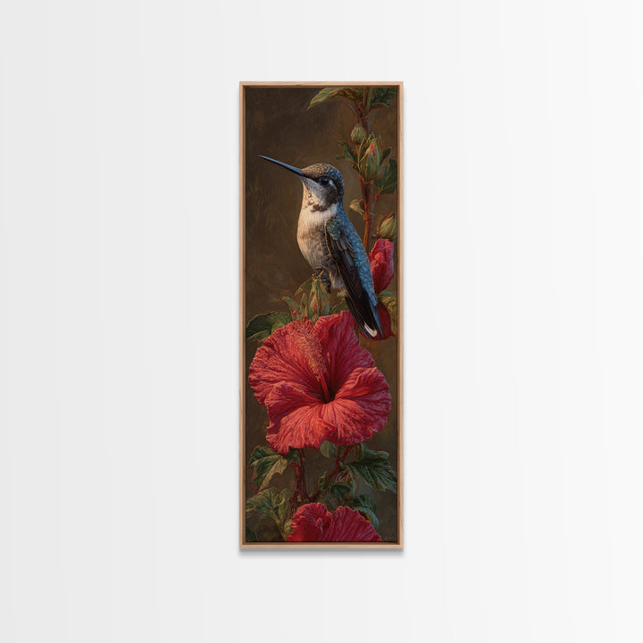 Hummingbird Visiting Bright Hibiscus Framed Canvas Print, Patio Art, Patio Decor, Abstract Art, Outdoor, Floral Wall Art, PAT-1x3-15