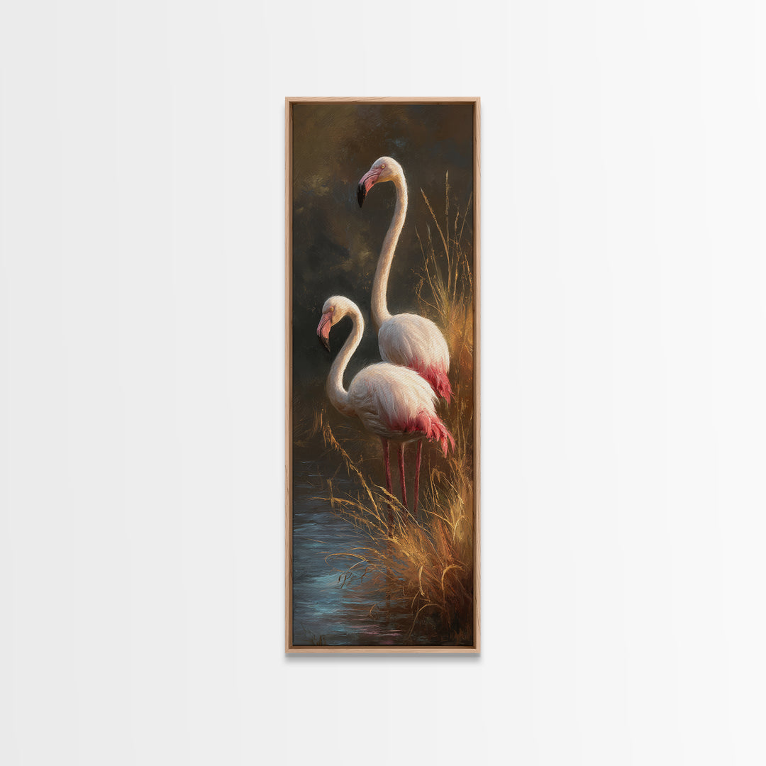 Flamingo Pair Beside Shallow Water Framed Canvas Print, Patio Art, Rustic Decor, Patio Decor, Fine Art, Outdoor, PAT-1x3-46
