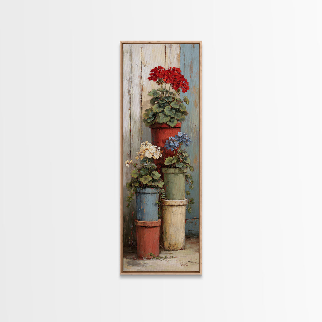 Potted Geraniums in Rustic Clay Pots Framed Canvas Print, Patio Art, Outdoor Art, Patio Decor, Fine Art, Outdoor, PAT-1x3-50