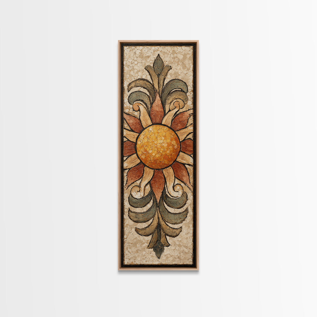 Sun Motif with Warm Terracotta Rays Framed Canvas Print, Patio Art, Patio Cushions, Patio Decor, Oil Painting, Outdoor, PAT-1x3-54