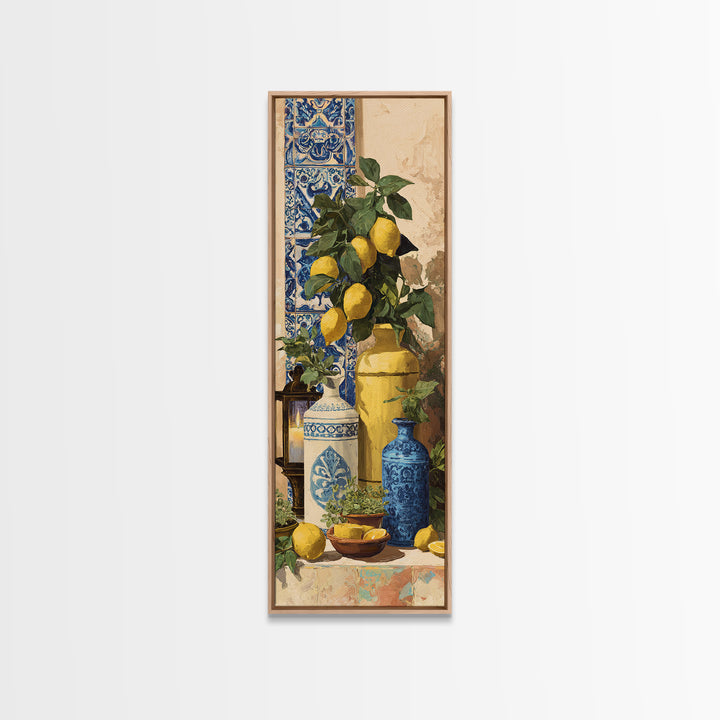 Mediterranean Lemons and Blue Tile Pattern Framed Canvas Print, Patio Art, Neutral Decor, Patio Decor, Fine Art, Outdoor, PAT-1x3-62