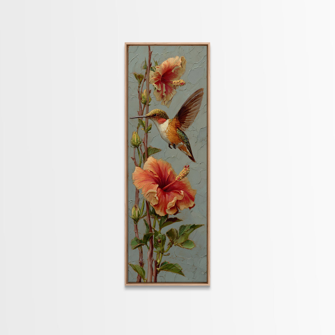 Hummingbird Visiting Bright Hibiscus Canvas Print, Patio Art, Patio Decor, Oil Painting, Outdoor, Gallery Decor, Neutral Decor, PAT-1x3-63